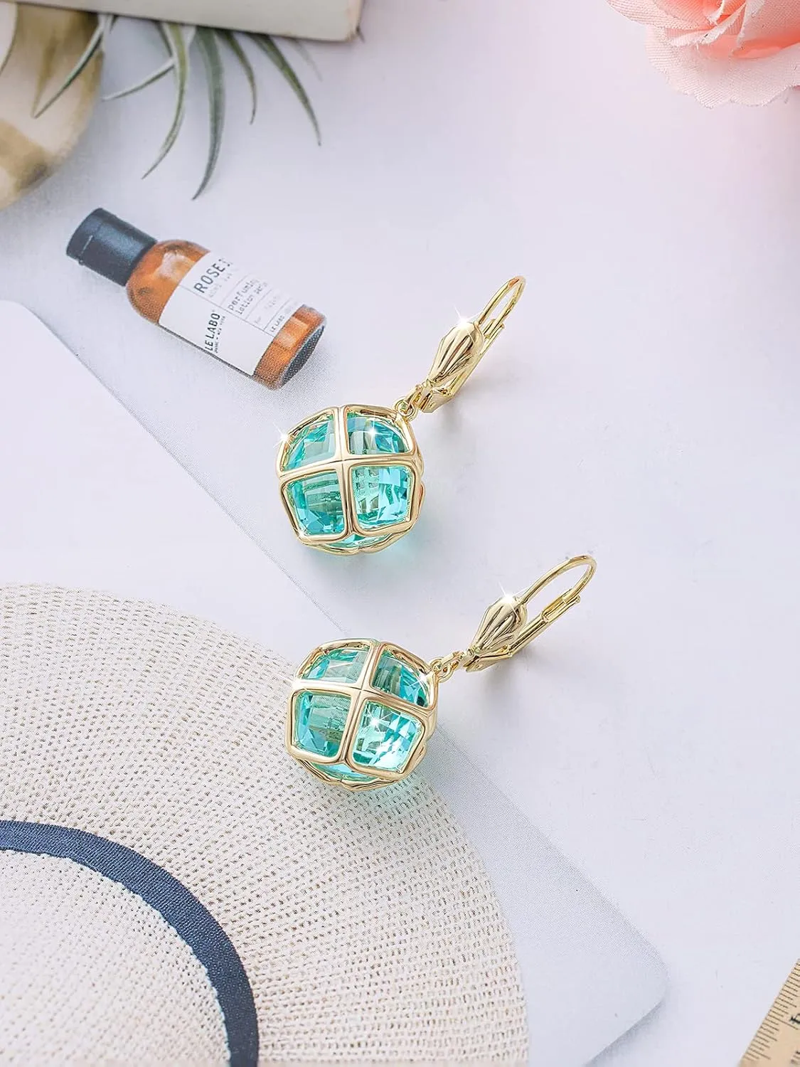 14MM Austrian Crystal Dangle Earrings for Women 14K Glod Jewelry