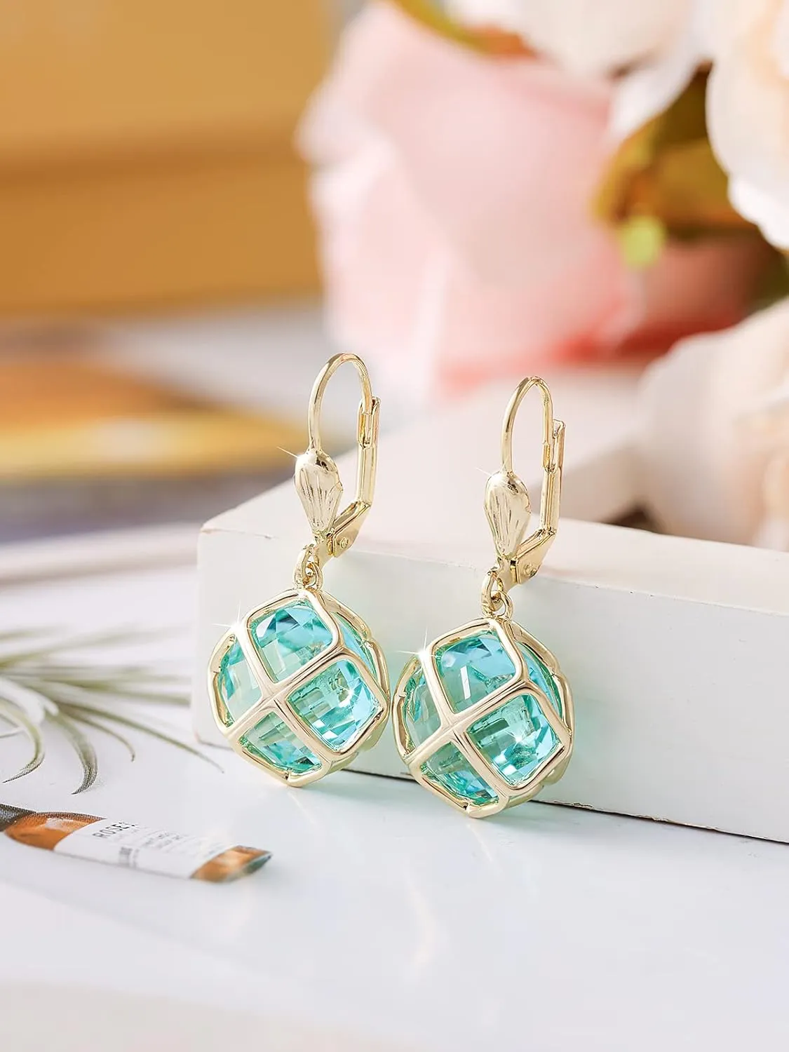 14MM Austrian Crystal Dangle Earrings for Women 14K Glod Jewelry