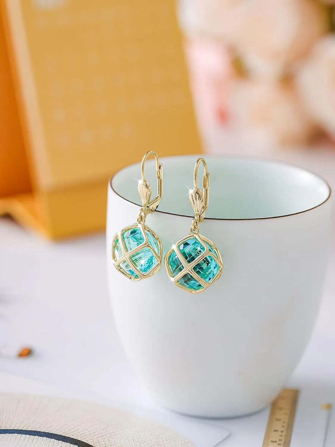 14MM Austrian Crystal Dangle Earrings for Women 14K Glod Jewelry