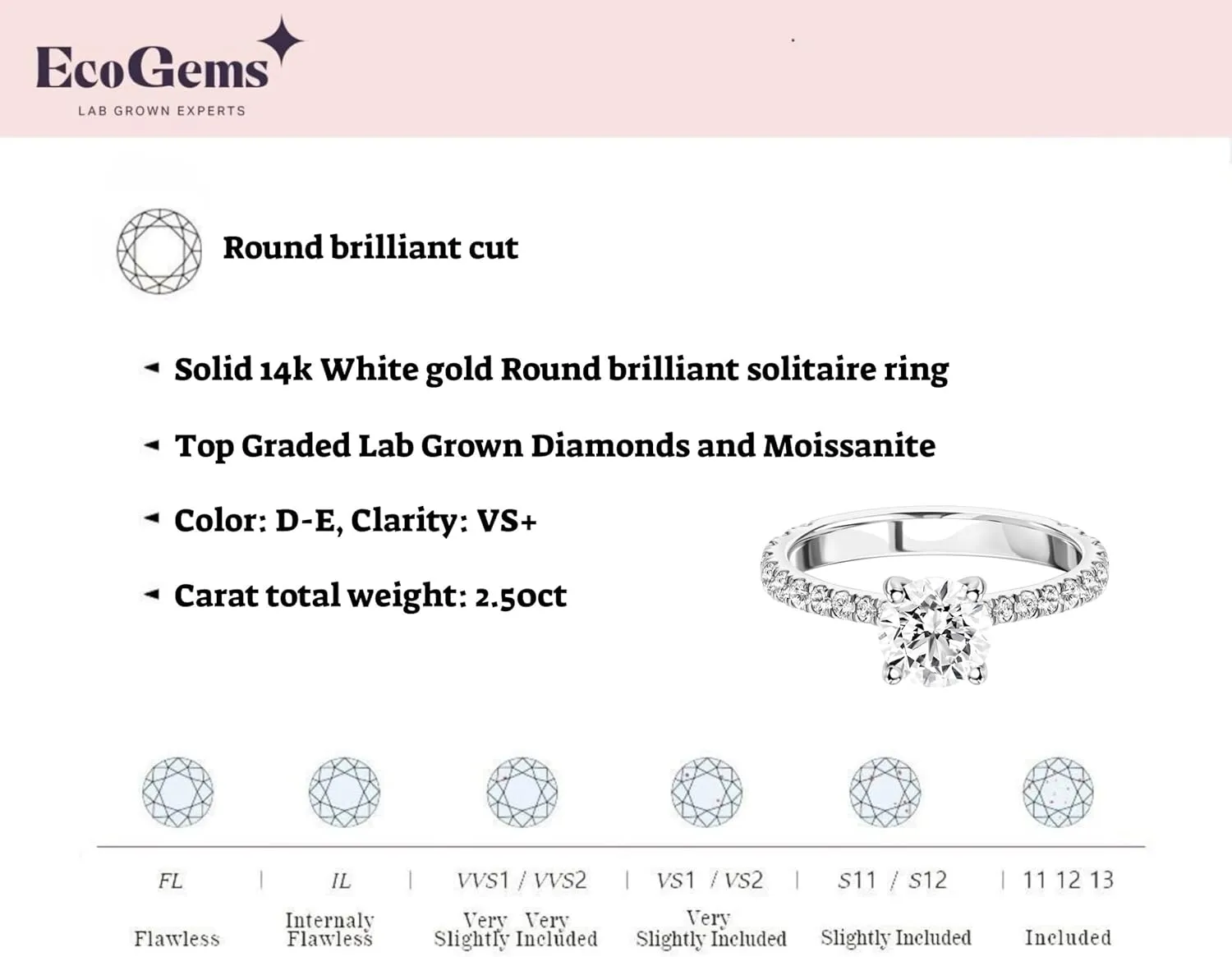 1.50/2.50 Cttw Round Brilliant Cut Lab Grown Diamond and Moissanite Engagement Ring 14k White/Yellow Gold (D-E/VS, D-E/VS) | Comes With Gift Box