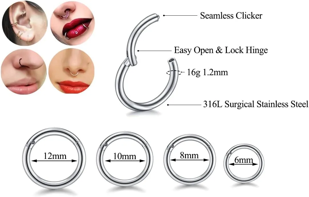 16G Hypoallergenic Nose Rings 316L Surgical Steel Piercing Jewelry Hinged Segment Ring Body Piercing Septum Nose Hoop Lip Rings Nose Helix Cartilage Rook Earrings
