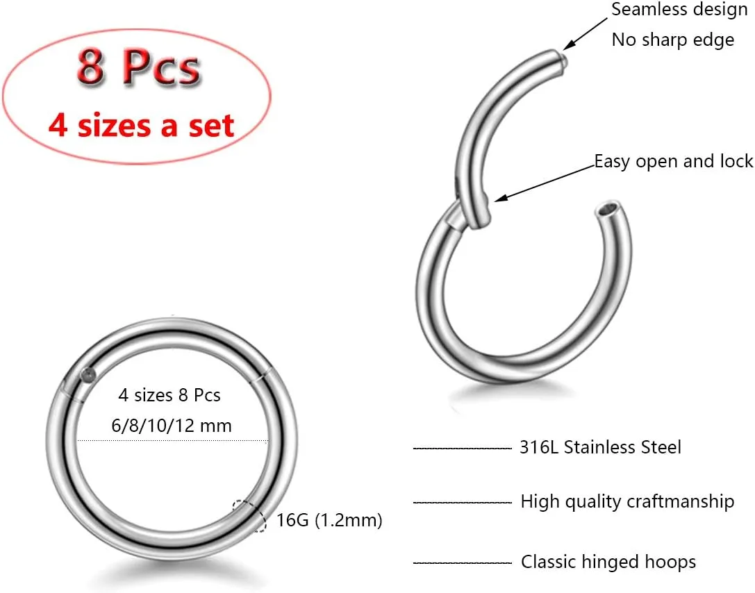 16G Hypoallergenic Nose Rings 316L Surgical Steel Piercing Jewelry Hinged Segment Ring Body Piercing Septum Nose Hoop Lip Rings Nose Helix Cartilage Rook Earrings