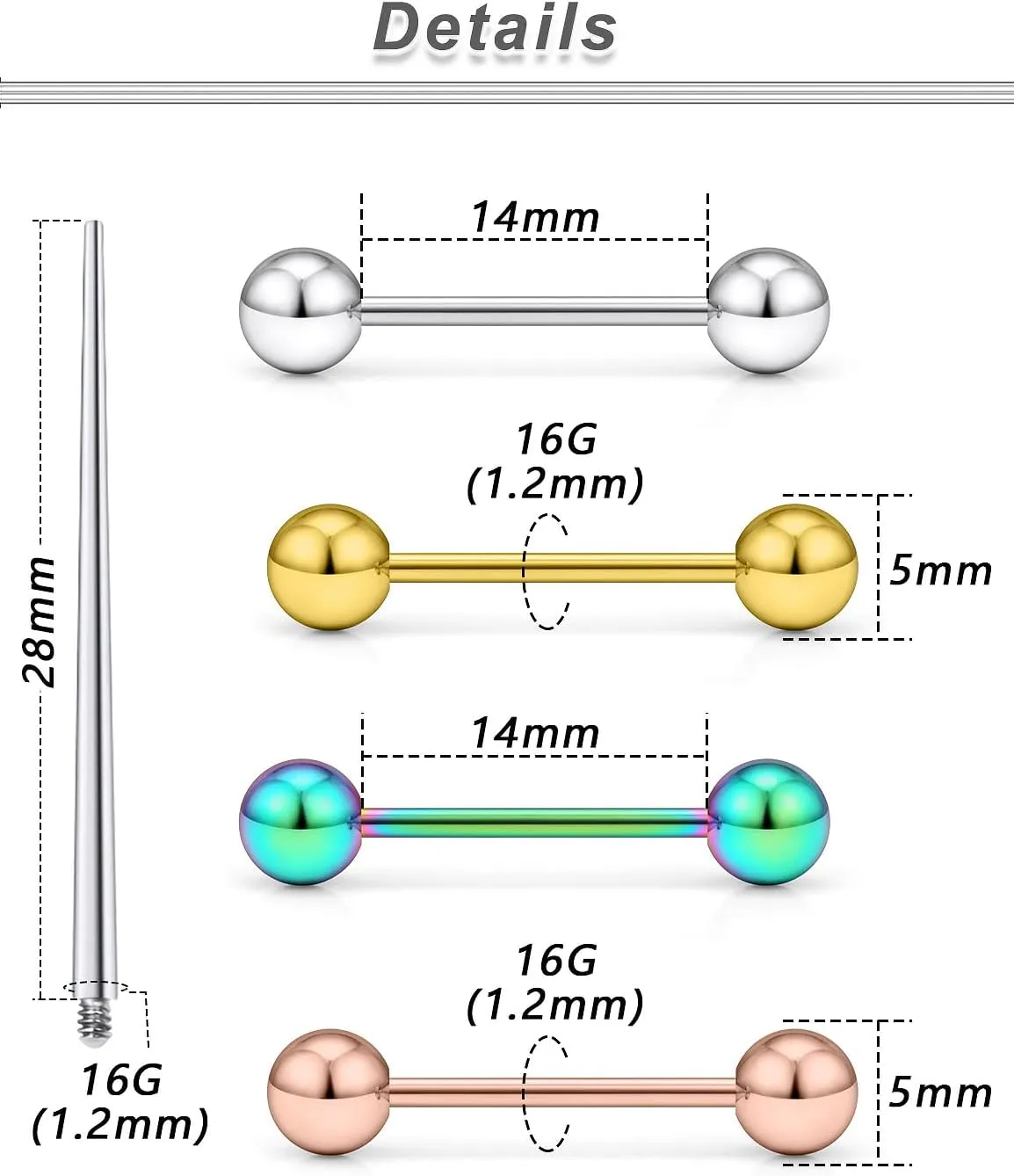 16G Nipple Piercing Jewelry Tongue Rings Piercing Taper Hypoallergenic 316L Surgical Steel Internally Threaded Nipple Tongue Ring Barbell Piercings Jewelry for Women Men 12mm 14mm 16mm