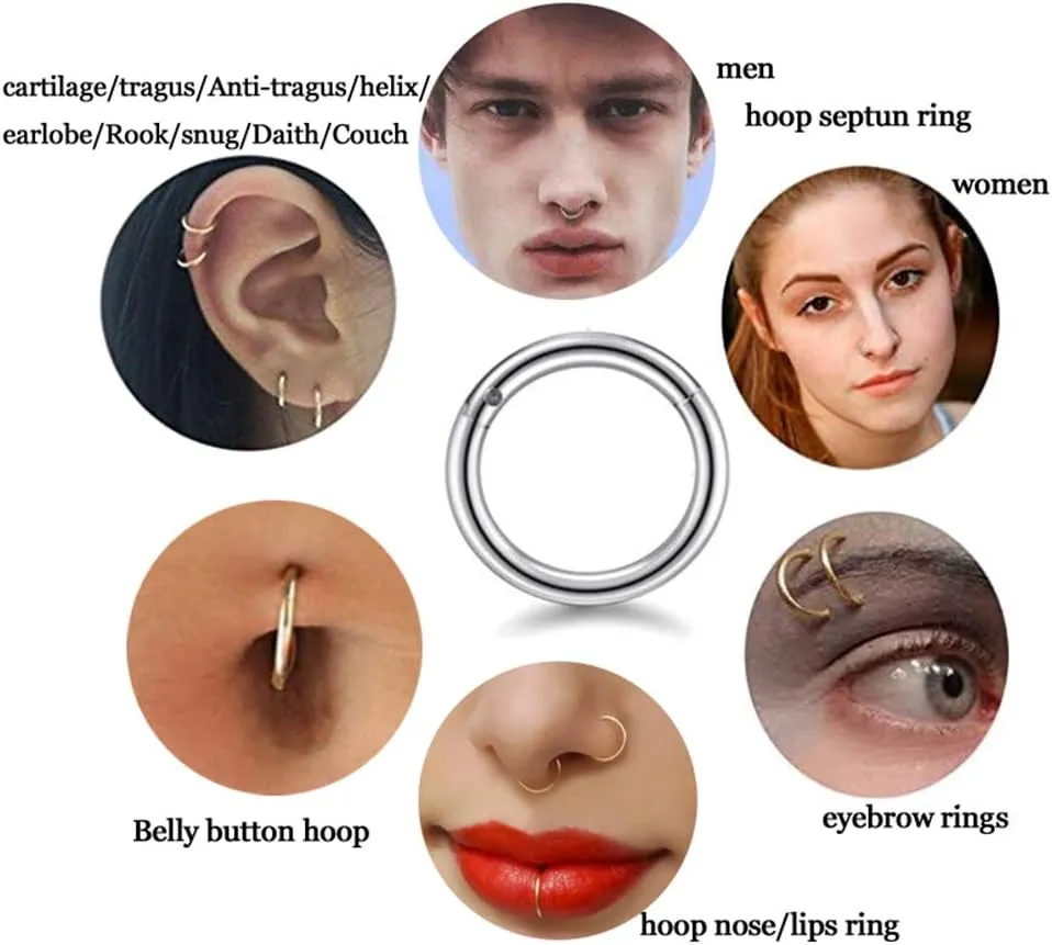 16G Surgical Steel Hinged Clicker Segment Nose Rings Hoop Helix Cartilage Daith Tragus Sleeper Earrings Body Piercing for women 6mm 8mm 10mm 12mm 14mm