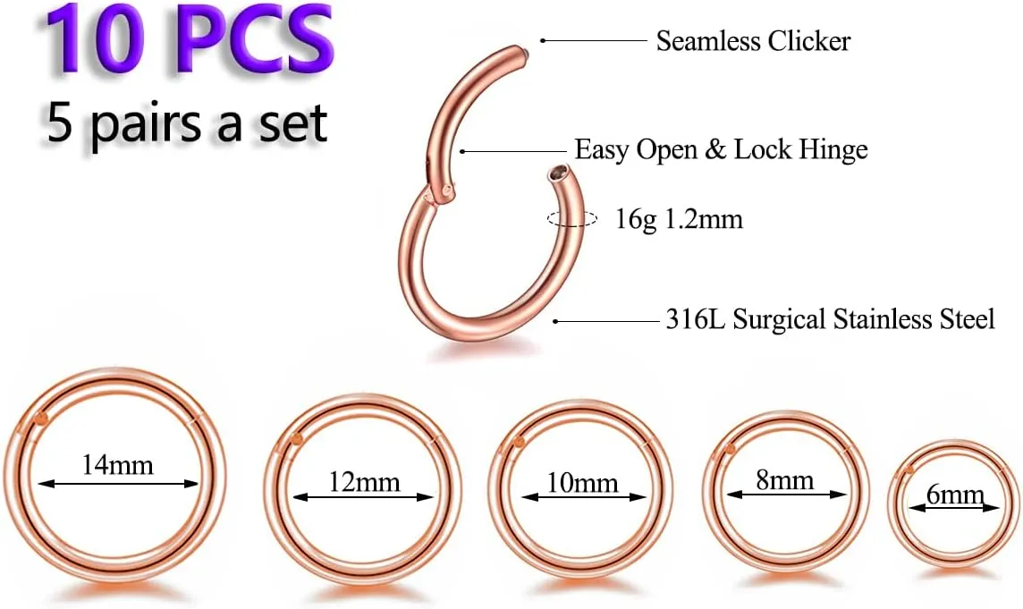 16G Surgical Steel Hinged Clicker Segment Nose Rings Hoop Helix Cartilage Daith Tragus Sleeper Earrings Body Piercing for women 6mm 8mm 10mm 12mm 14mm