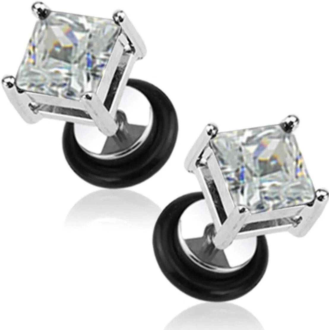 16g Surgical Steel Square Crystal Dia Cut Cheater Plug Earrings (Choose CZ Color)
