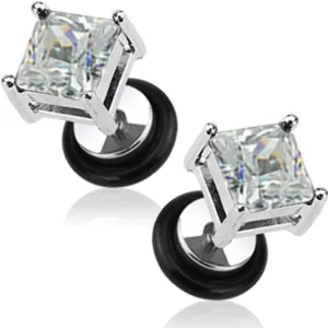 16g Surgical Steel Square Crystal Dia Cut Cheater Plug Earrings (Choose CZ Color)