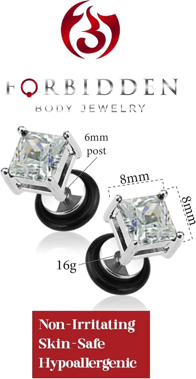 16g Surgical Steel Square Crystal Dia Cut Cheater Plug Earrings (Choose CZ Color)
