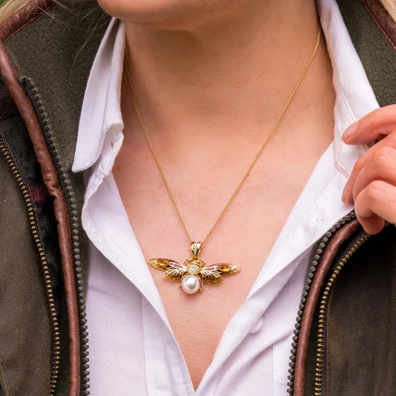 18ct Yellow Gold Pearl Diamond Enamel House Style Moth Necklace
