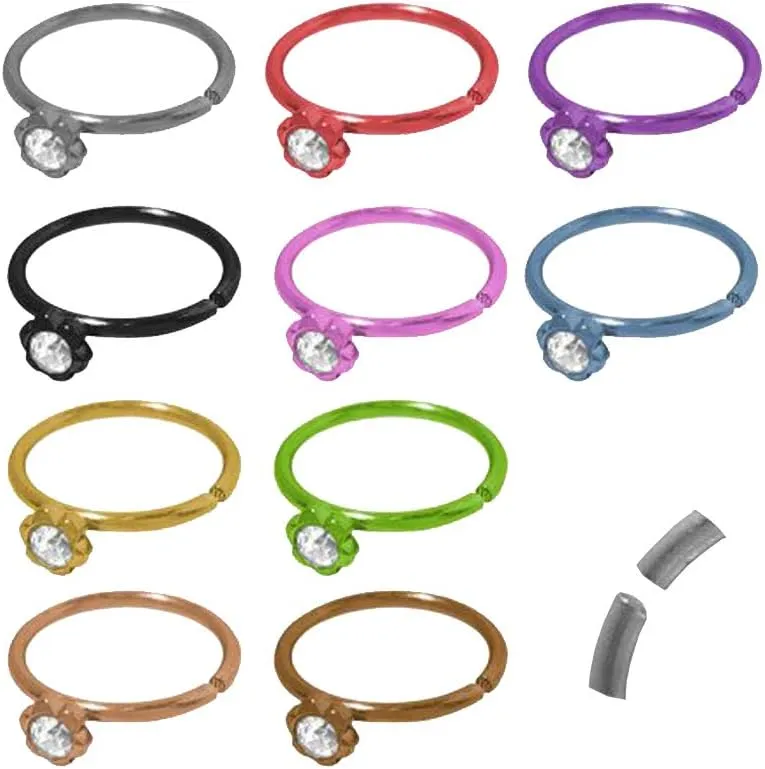 18G Anodized Titanium Cubic Zirconia 8mm - 5/16 inch Flower Nose Hoop Rings for Men Women with Cz Gem (Sold Individually)