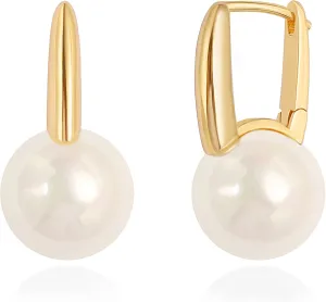 18K Gold Plated Leverback Hoop Handpicked White Shell Pearl Drop Dangle Earring for Women Minimalist Pearl Stud Ear Jewelry for Wedding Bridesmaids Gift