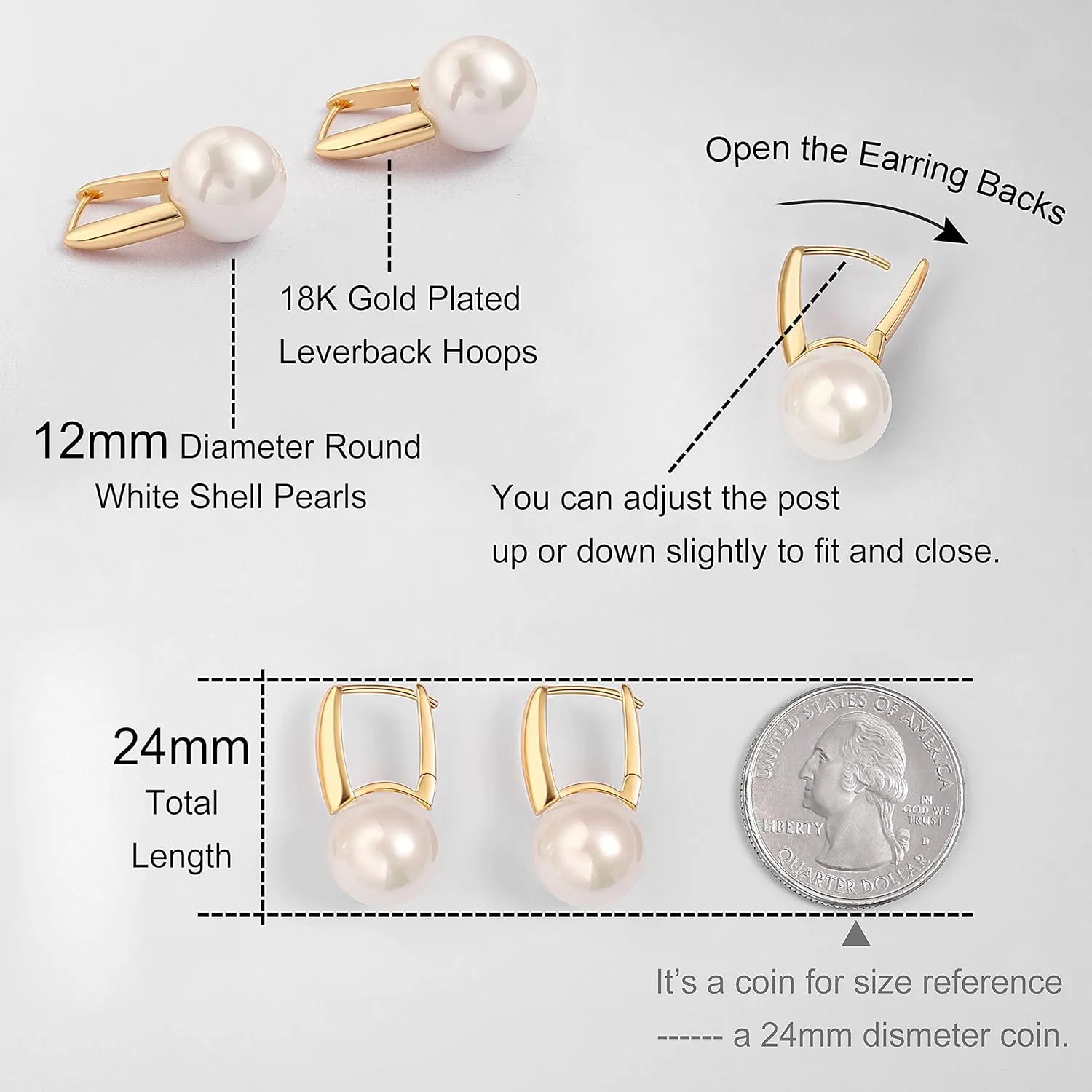 18K Gold Plated Leverback Hoop Handpicked White Shell Pearl Drop Dangle Earring for Women Minimalist Pearl Stud Ear Jewelry for Wedding Bridesmaids Gift
