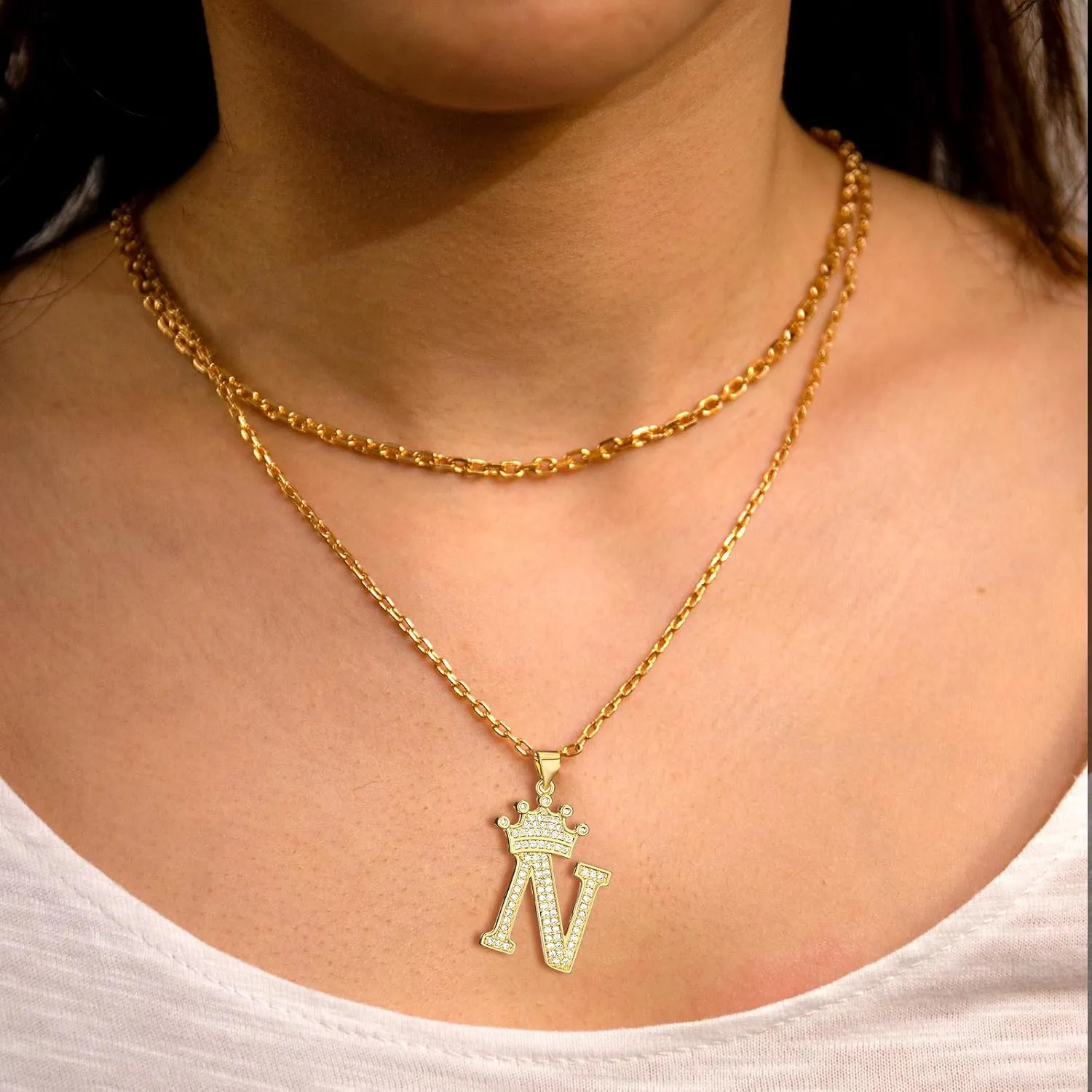 18K Gold Plated Pave Cubic Zirconia Bubble Crown Letter Initial Necklaces for Women | Chunky Initial Charm Pendant Name Necklace Personalized | Non Tarnish Gold Plated Jewelry Sterling silver