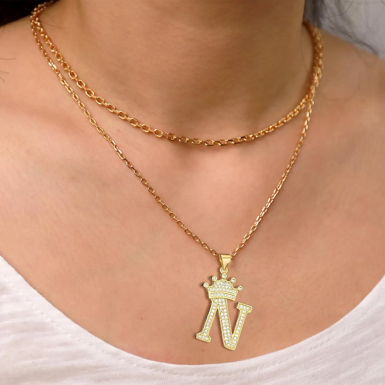 18K Gold Plated Pave Cubic Zirconia Bubble Crown Letter Initial Necklaces for Women | Chunky Initial Charm Pendant Name Necklace Personalized | Non Tarnish Gold Plated Jewelry Sterling silver