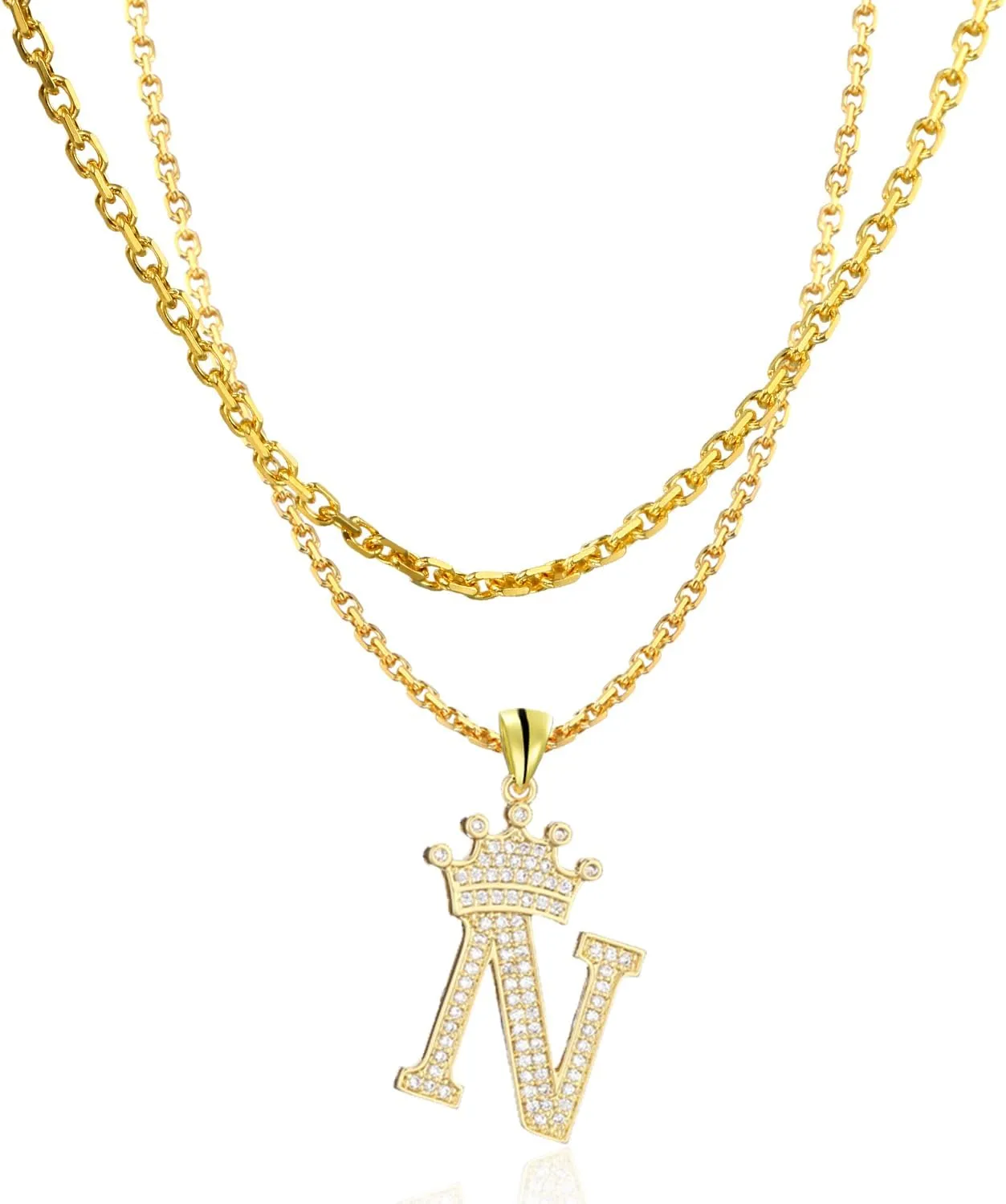 18K Gold Plated Pave Cubic Zirconia Bubble Crown Letter Initial Necklaces for Women | Chunky Initial Charm Pendant Name Necklace Personalized | Non Tarnish Gold Plated Jewelry Sterling silver