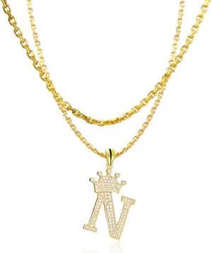 18K Gold Plated Pave Cubic Zirconia Bubble Crown Letter Initial Necklaces for Women | Chunky Initial Charm Pendant Name Necklace Personalized | Non Tarnish Gold Plated Jewelry Sterling silver