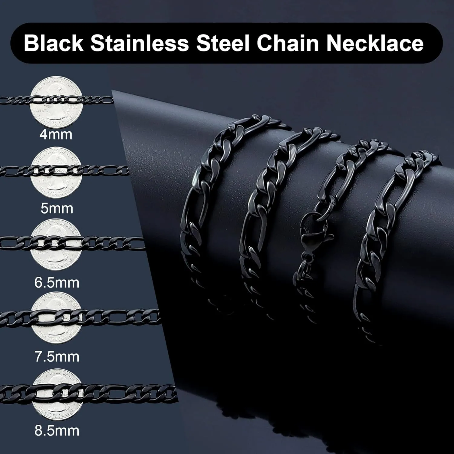 18k Real Gold Plated Figaro Chain Necklace 16 Inches 30 Inches 4MM 8.5MM Stainless Steel Black Figaro Link Chains for Men Christmas Gift