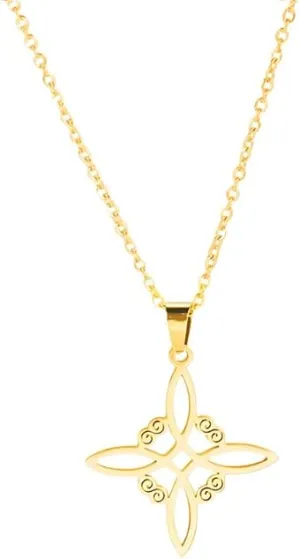18K Yellow Gold Witch Knot Necklace, Nudo de Bruja, Witchcraft Witch Knot Necklace Women Neck Chains, Cross Pentacle Amulet, Gifts for Women