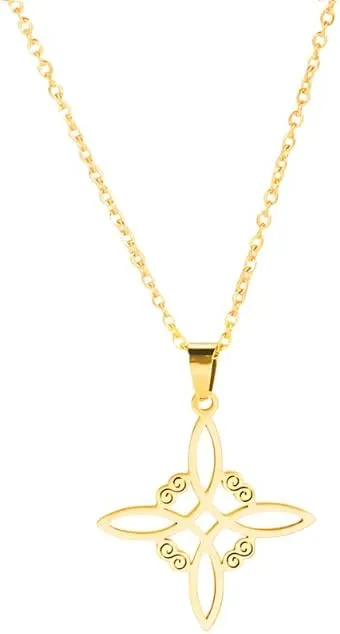 18K Yellow Gold Witch Knot Necklace, Nudo de Bruja, Witchcraft Witch Knot Necklace Women Neck Chains, Cross Pentacle Amulet, Gifts for Women