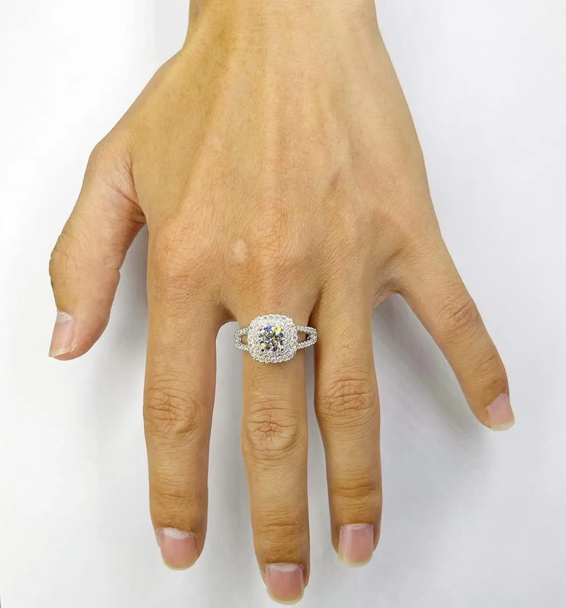 1ct 6.5X6.5mm Center Cushion Halo Moissanite Engagement Rings for Women Platinum Plated Silver Rings for Women (Available in size 6, 7, 8, 9)