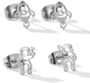 2 Pair/Set Stainless Steel Moon Star Spaceman Astronaut Rocket Spaceship Stud Earrings Sets for Women Cartoom Spacecraft Planet Earring Jewelry