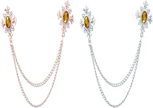 2 pcs men's and women's Shirt collar tassel rhinestone accessories Diamond crossing collar chain Fashion versatile suit brooch(Multi -color optional)