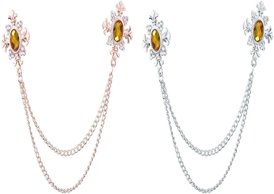 2 pcs men's and women's Shirt collar tassel rhinestone accessories Diamond crossing collar chain Fashion versatile suit brooch(Multi -color optional)