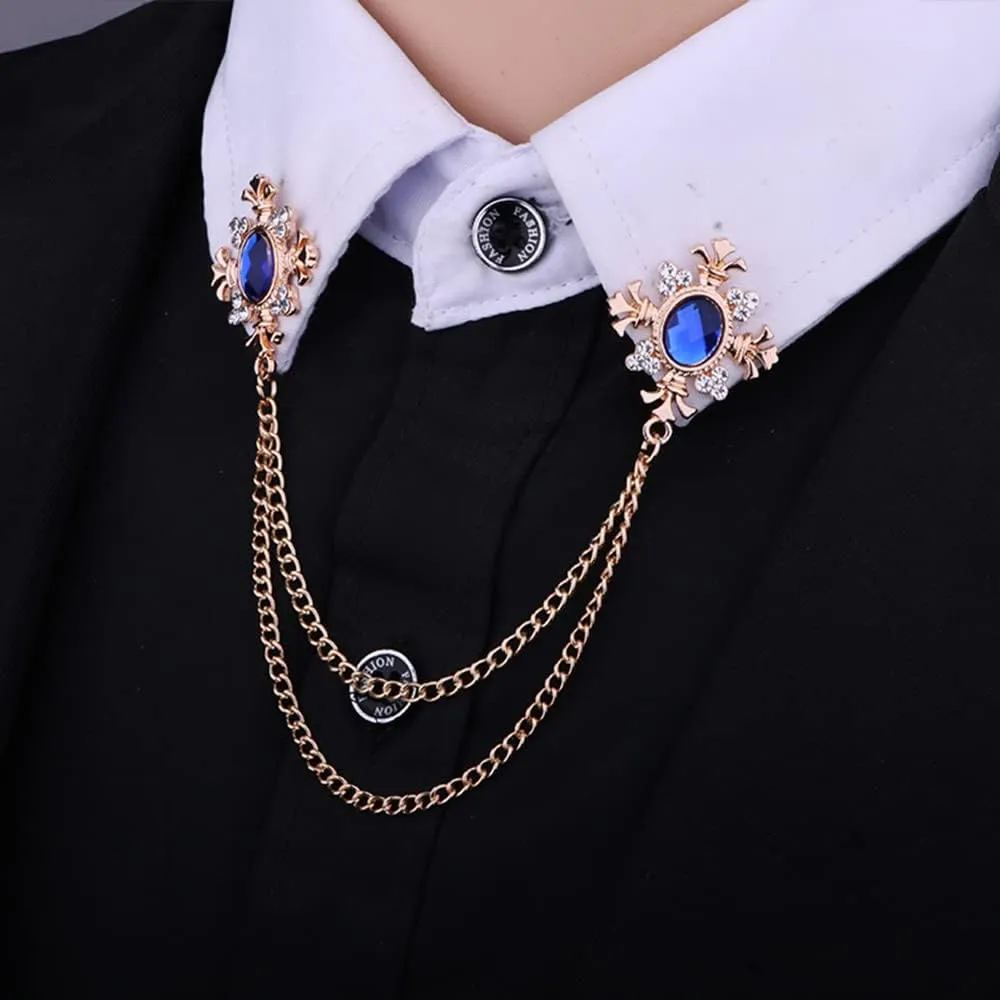 2 pcs men's and women's Shirt collar tassel rhinestone accessories Diamond crossing collar chain Fashion versatile suit brooch(Multi -color optional)