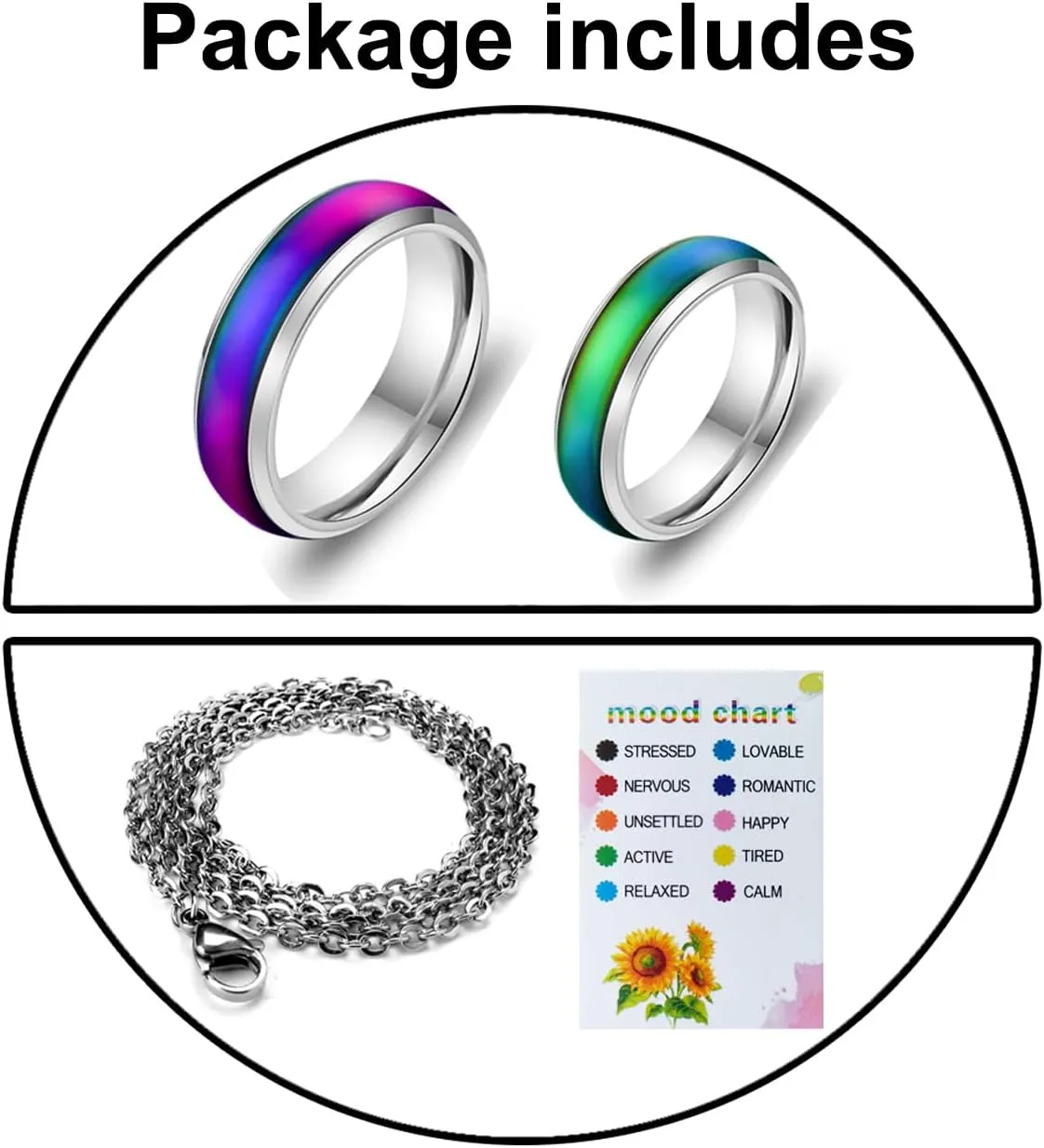 2 Pcs Mood Rings for Kids Men Women With Color Mood Chart Stainless Steel Band Mood Jewelry