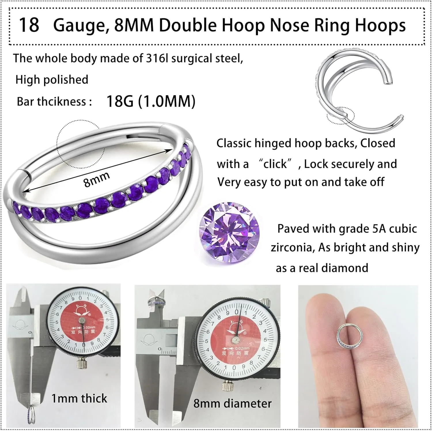 20G 18G 16G Surgical Steel Double Hoop Nose Ring for Single Piercing - Hypoallergenic 14K Real Gold Plated Hinged Segment Nose Rings | CZ Septum Clicker Jewelry | Small Cartilage Hoop Earrings Helix Conch Piercing Jewelry for Women Men