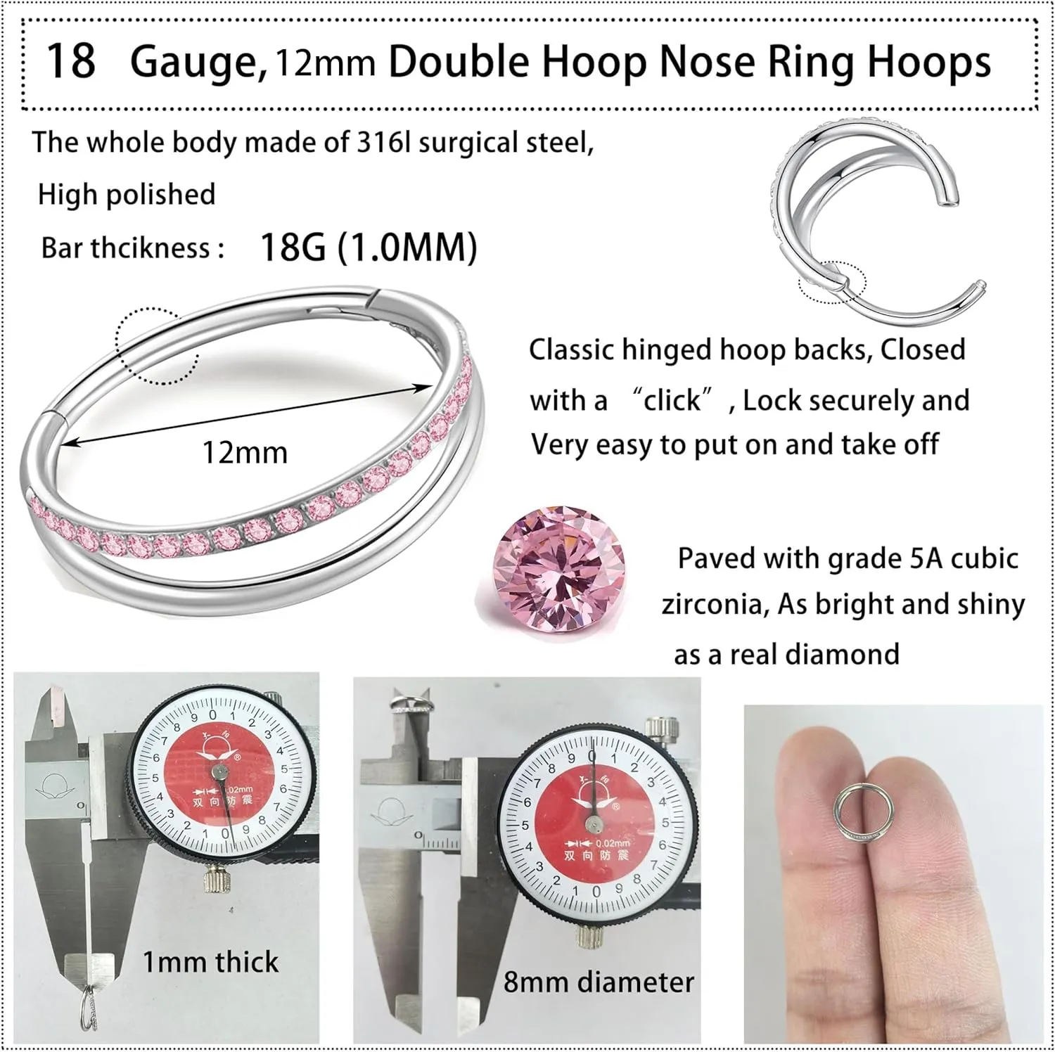 20G 18G 16G Surgical Steel Double Hoop Nose Ring for Single Piercing - Hypoallergenic 14K Real Gold Plated Hinged Segment Nose Rings | CZ Septum Clicker Jewelry | Small Cartilage Hoop Earrings Helix Conch Piercing Jewelry for Women Men