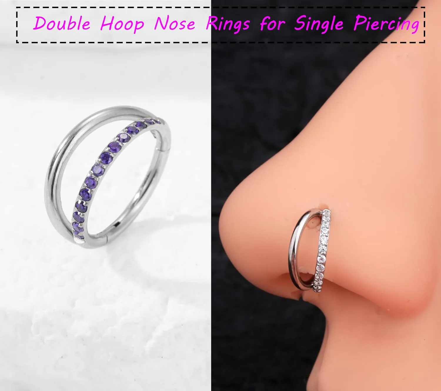 20G 18G 16G Surgical Steel Double Hoop Nose Ring for Single Piercing - Hypoallergenic 14K Real Gold Plated Hinged Segment Nose Rings | CZ Septum Clicker Jewelry | Small Cartilage Hoop Earrings Helix Conch Piercing Jewelry for Women Men