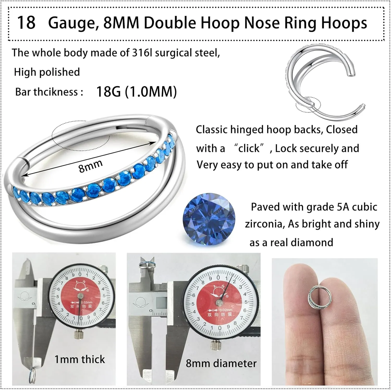 20G 18G 16G Surgical Steel Double Hoop Nose Ring for Single Piercing - Hypoallergenic 14K Real Gold Plated Hinged Segment Nose Rings | CZ Septum Clicker Jewelry | Small Cartilage Hoop Earrings Helix Conch Piercing Jewelry for Women Men