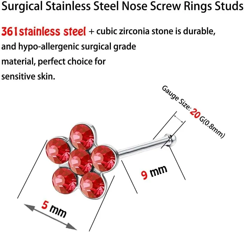 20G Nose Rings Studs Flower I Shaped,20Pcs Surgical Stainless Steel Tragus Piercing Jewelry Lip Earring Cartilage Studs Ear Nose Piercing kit Ideal Gift 2.0mm 2.5mm 3.0mm