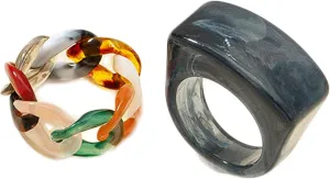 2/3Pcs Retro Thick Resin Transparent Acrylic Chunky Wide Face Unique Square Dome Knuckle Ring Colorful Chain Stackable Statement Finger Band Ring for Women Girls Jewelry Festival Gifts