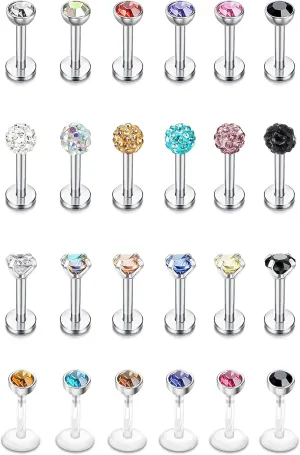 24 Pcs 16G Hypoallergenic Stainless Steel Labret Lip Monroe Medusa Stud Piercing For Women Men 3mm Cubic Zirconia Forward Helix Earrings Cartilage Tragus Piercing 6mm 8mm