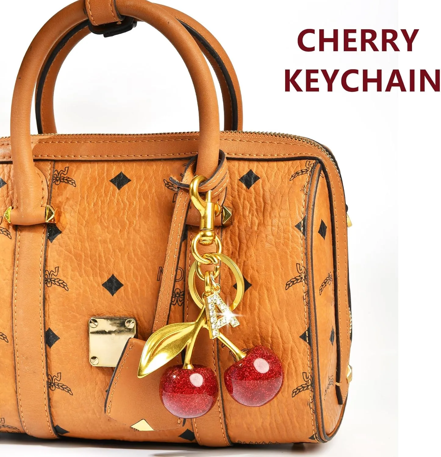 2PC Cherry Keychain Bag Purse Handbag Charms Initial Letter Keychain for Women Girl Cute Key Chain Bling Sparkly