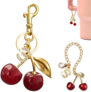 2PC Cherry Keychain Bag Purse Handbag Charms Initial Letter Keychain for Women Girl Cute Key Chain Bling Sparkly