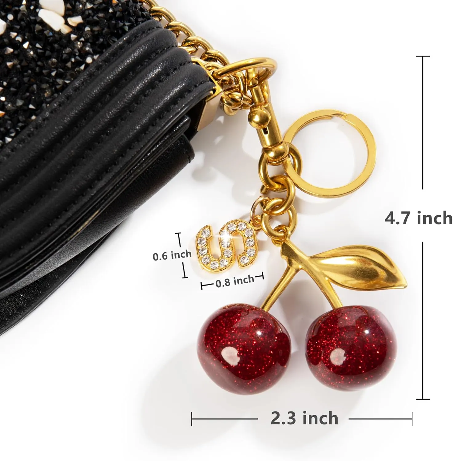 2PC Cherry Keychain Bag Purse Handbag Charms Initial Letter Keychain for Women Girl Cute Key Chain Bling Sparkly