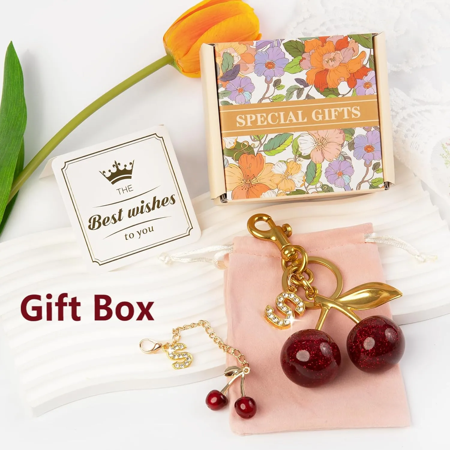 2PC Cherry Keychain Bag Purse Handbag Charms Initial Letter Keychain for Women Girl Cute Key Chain Bling Sparkly