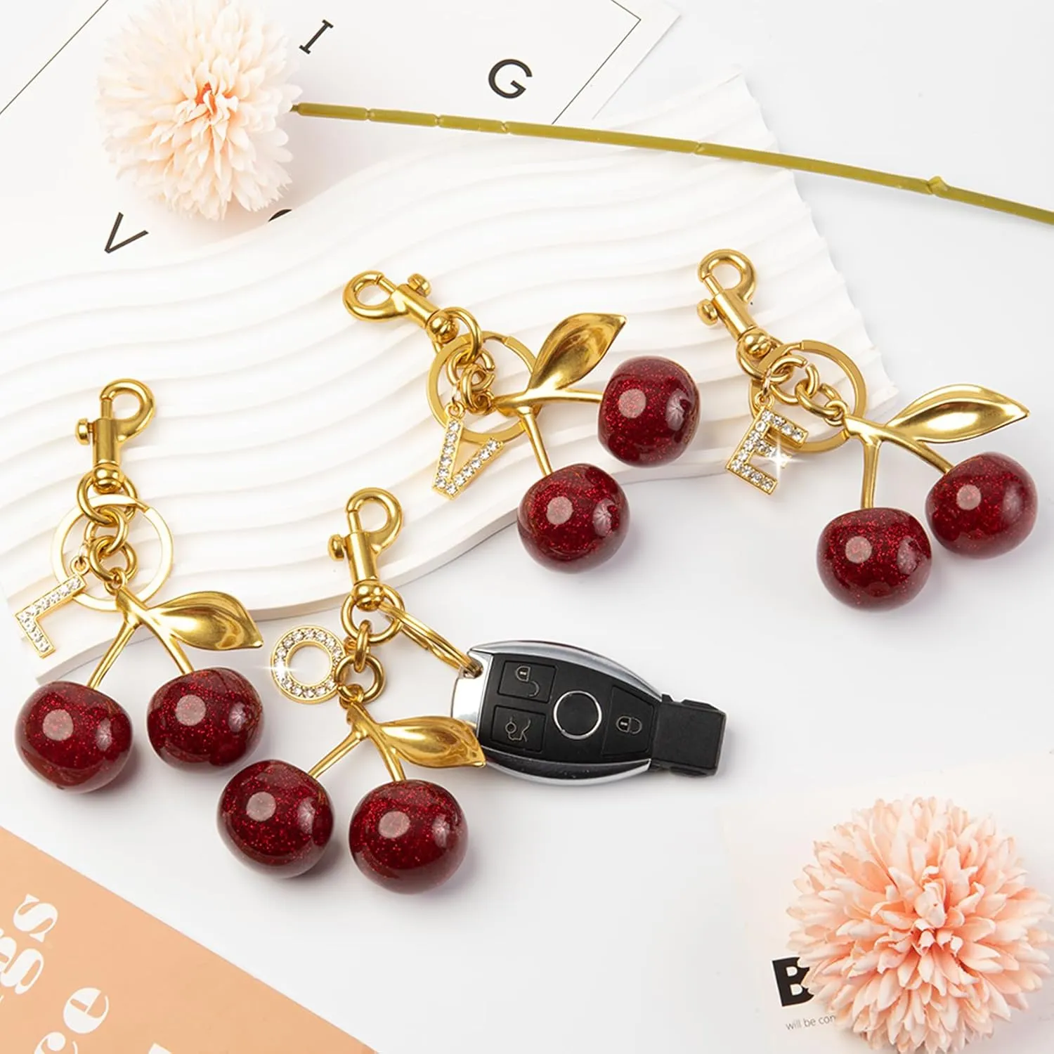 2PC Cherry Keychain Bag Purse Handbag Charms Initial Letter Keychain for Women Girl Cute Key Chain Bling Sparkly