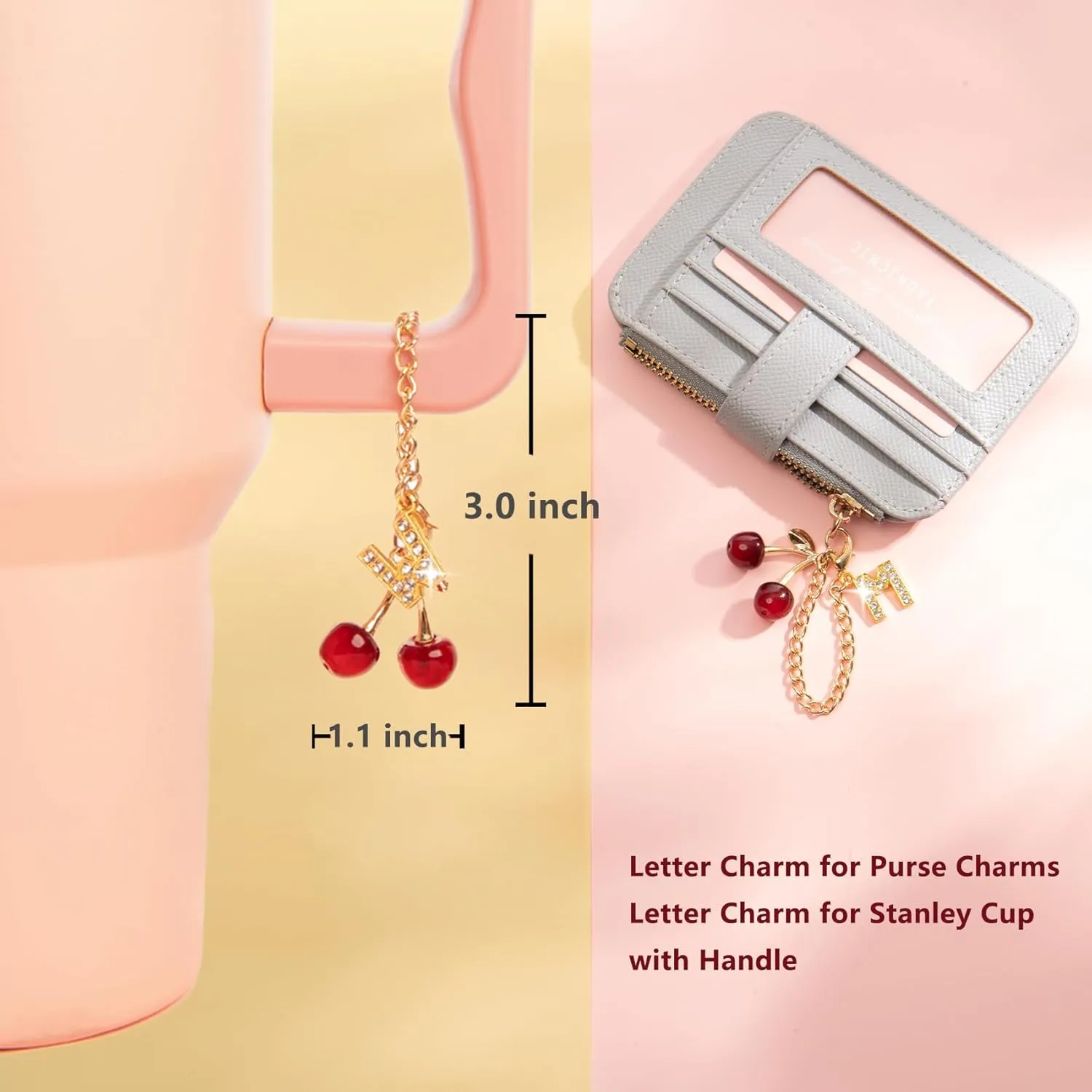 2PC Cherry Keychain Bag Purse Handbag Charms Initial Letter Keychain for Women Girl Cute Key Chain Bling Sparkly