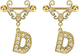 2Pcs Gold Nipple Rings Name Letter Dangle for Women 14GA 316L Surgical Steel Cubic Zirconia Hypoallergenic Nipple Piercing Jewelry