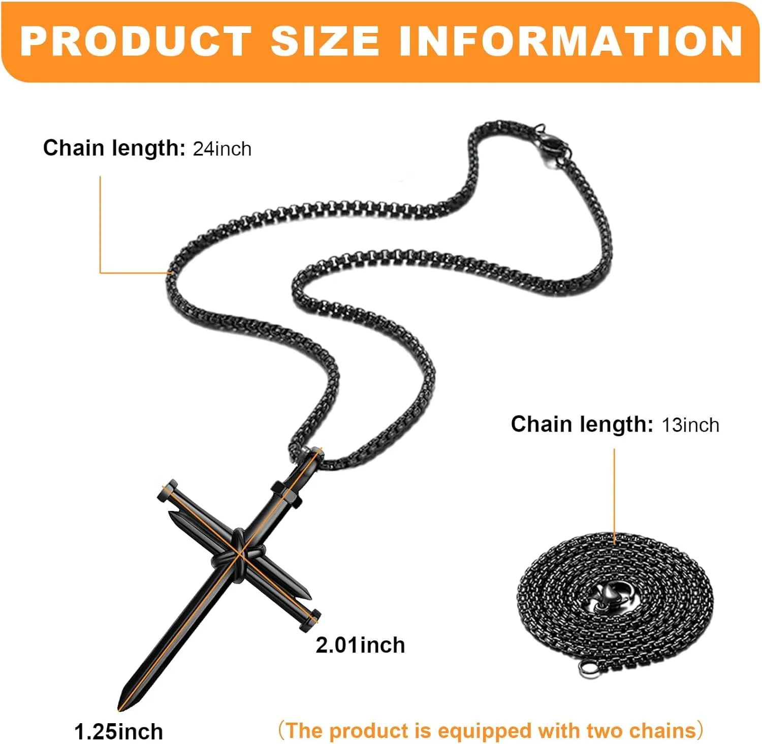 2PCS Nail Cross Pendant for Men, Hanging Cross Car Rearview Mirror Hanging Chain with 3 Nail, Stainless Steel Religious Cross Decoration(Black)