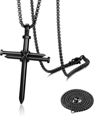 2PCS Nail Cross Pendant for Men, Hanging Cross Car Rearview Mirror Hanging Chain with 3 Nail, Stainless Steel Religious Cross Decoration(Black)