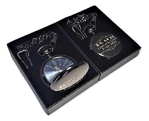 3 custom engraved pocket watches, gift boxes chains, engraving included. Vintage style Groomsmen, best man wedding gift sets. (Black)