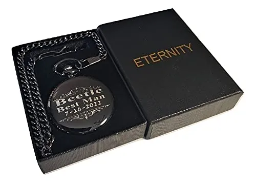 3 custom engraved pocket watches, gift boxes chains, engraving included. Vintage style Groomsmen, best man wedding gift sets. (Black)