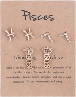 3 Pairs 12 Constellation Zodiac Sign Stud Earrings Star Astrology Horoscope Wish Card for Women Birthday Anniversary Friendship Jewelry