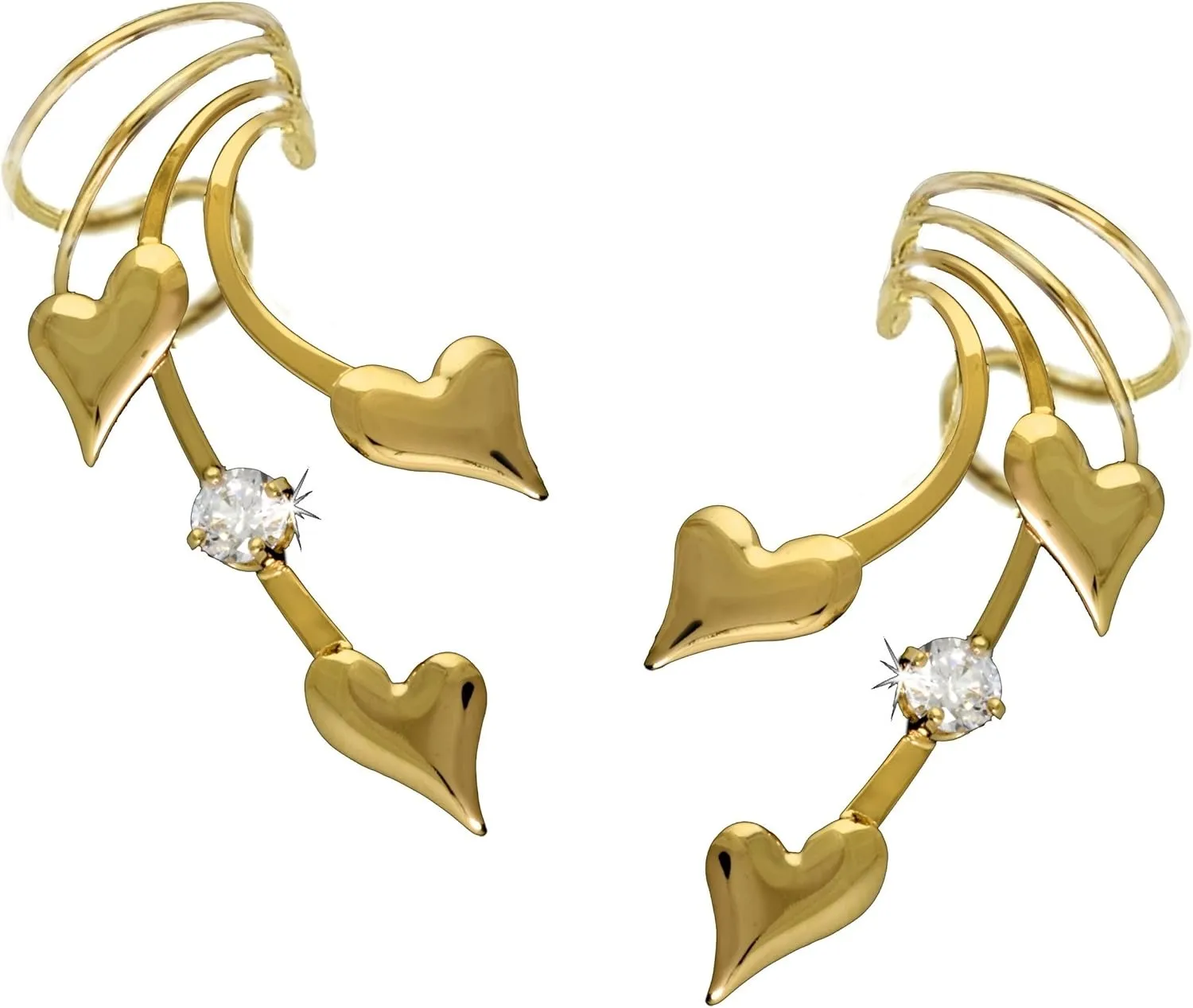 3 Puffy Hearts and CZ Long Wave Ear Cuff Non-Pierced Cartilage Wrap Earring Pair in Gold on Silver