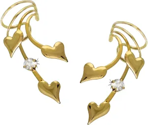 3 Puffy Hearts and CZ Long Wave Ear Cuff Non-Pierced Cartilage Wrap Earring Pair in Gold on Silver